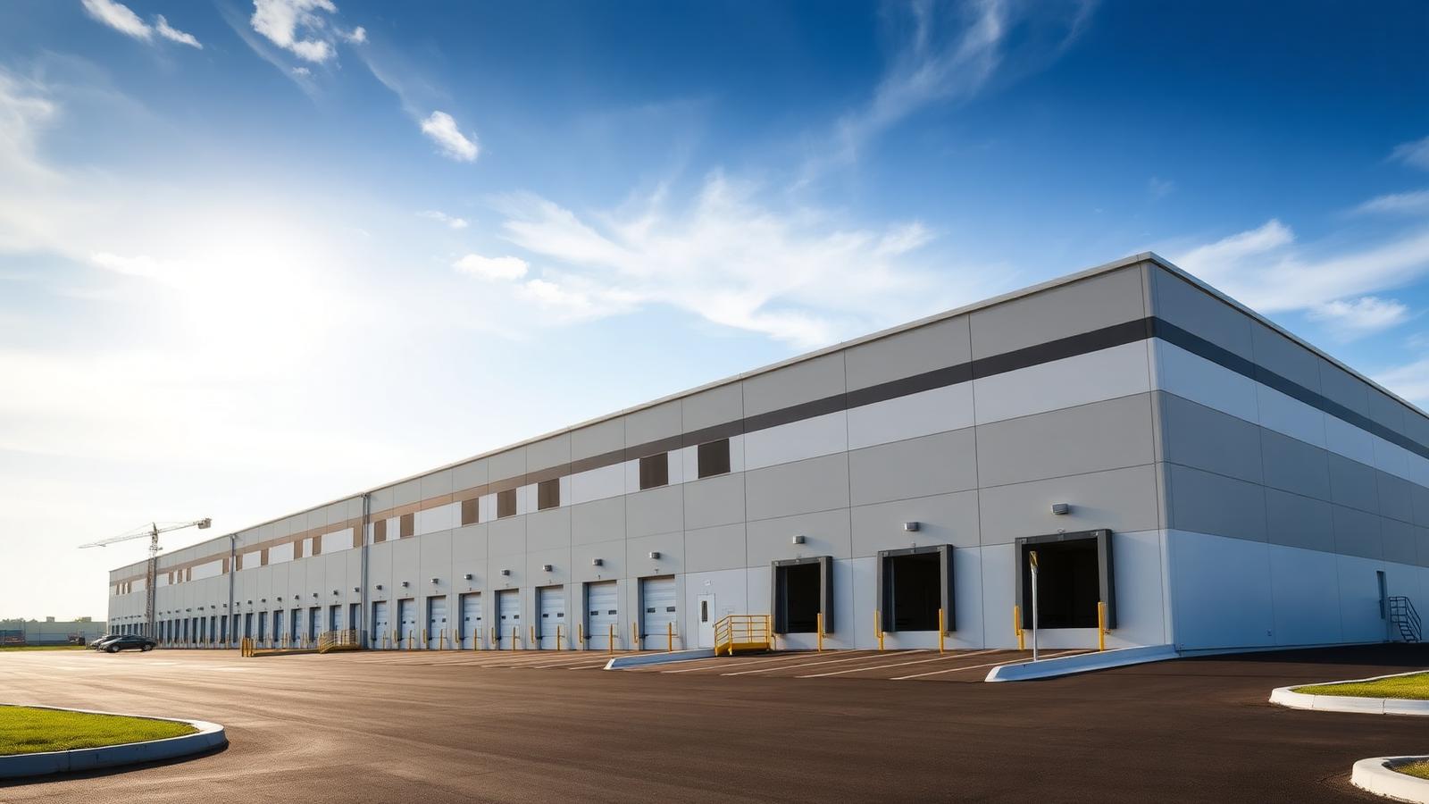 Exterior of a modern distribution warehouse with loading docks
