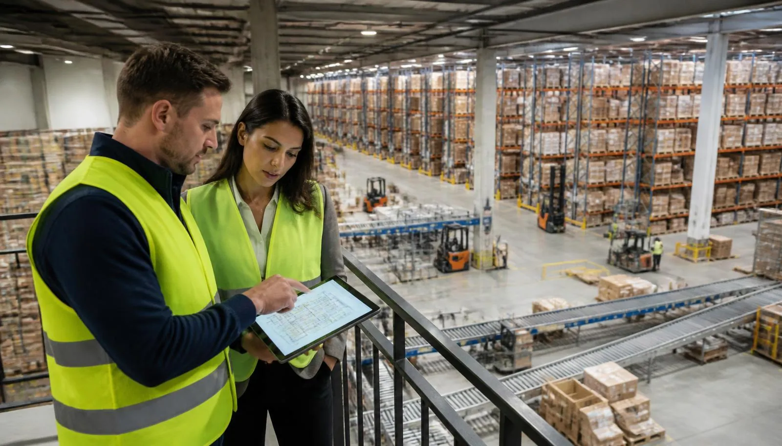 Warehouse operations consultants reviewing a facility