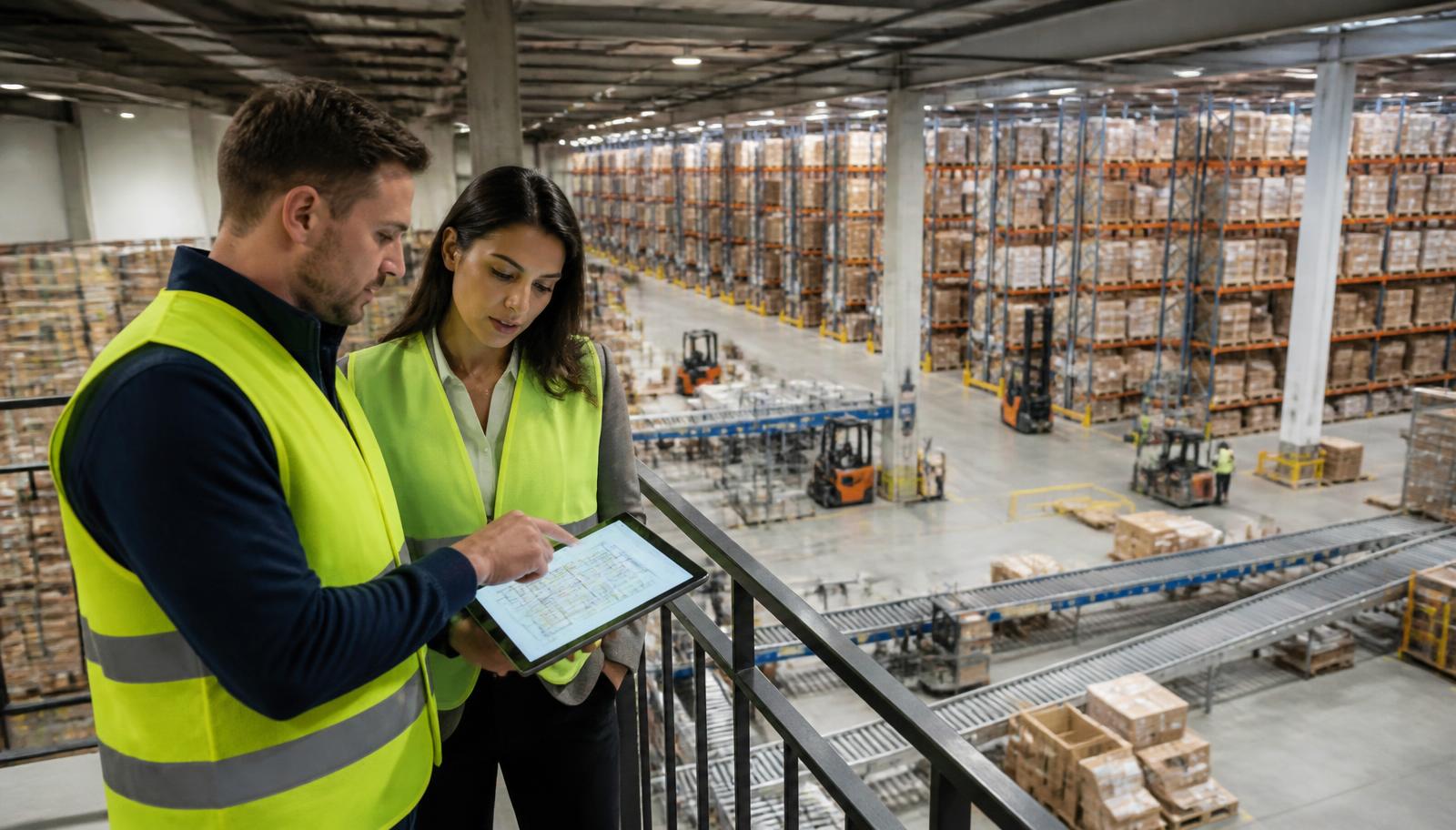 Two CRC operations consultants reviewing a warehouse layout on a tablet overlooking a distribution center floor