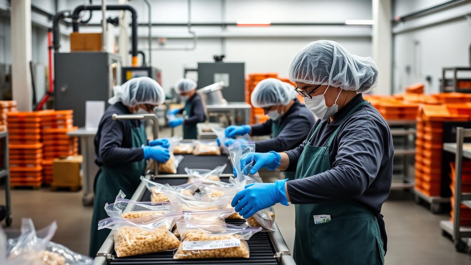 Workers packaging product on a repack line